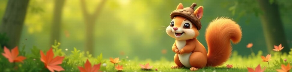 Happy cartoon squirrel with acorn hat, cartoon wildlife,  cartoon animal