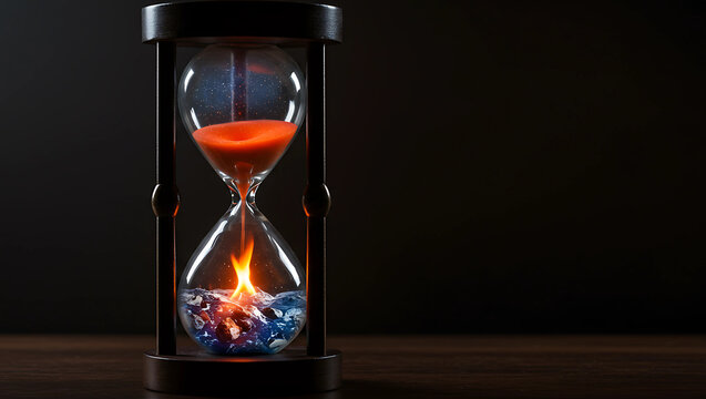 A unique  hourglass with elements of fire, water,  and soft black light sparkling outside the hourglass 66