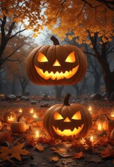Fototapeta premium Happy halloween typography with glowing jack-o-lanterns and fall foliage, halloween typography, jack-o-lanterns