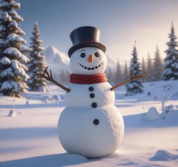 Obraz premium Happy snowman standing alone in a winter wonderland with open space, open space, snowy background