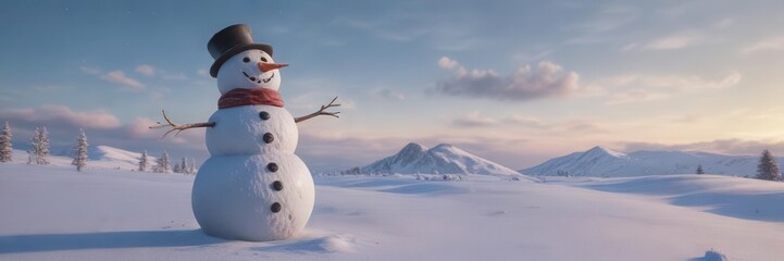 Obraz premium Happy snowman standing alone in snowy landscape with serene winter sky, calm, peaceful scene