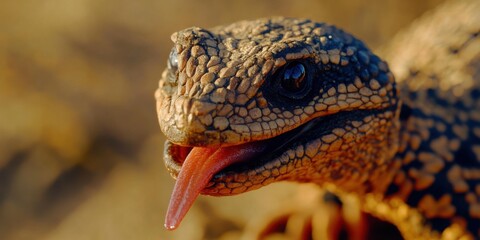 Obraz premium Closeup of a colorful lizard with its tongue out, highlighting its vibrant scales in nature