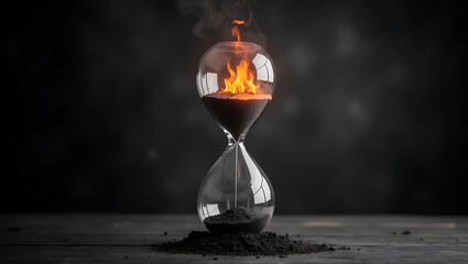 A unique hourglass with elements of fire, water, gold and soft black light sparkling outside the hourglass 91