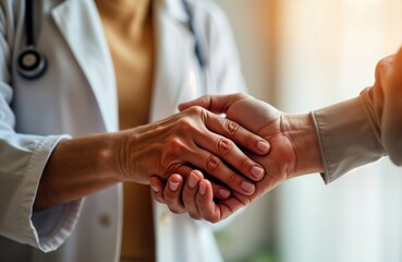Elderly person hand held by doctor. Caregiver, patient connect. Health care worker supports. Kindness, compassion shown in supportive gesture. Compassionate care for ageing person. Showing care in
