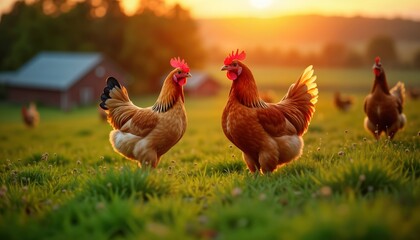 Free-range chickens graze in rich green meadow at golden hour sunset. Healthy farm animals enjoy countryside landscape. Organic farm scene tranquil nature. Beautiful countryside setting. Idyllic