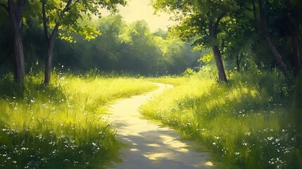 Obraz premium A serene landscape painting of a winding path through a sunlit meadow surrounded by lush green trees and scattered wildflowers, evoking tranquility and natural beauty