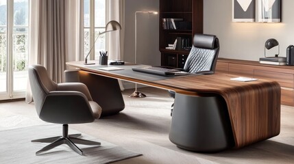 Modern Walnut Executive Office Desk with Ergonomic Chair