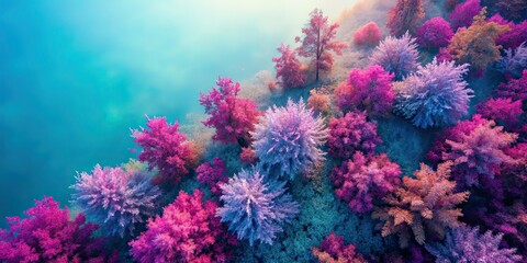 Drone Shot: Purple Foliage, Pink & Blue Background