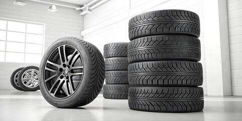 Naklejka premium Stacked car tires, various sizes, black rubber, tread patterns, studio lighting, realistic rendering, product shot, automotive parts, detailed tread design, close-up, high-quality image, 