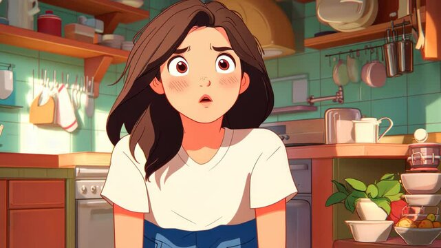 A young American girl sits in her kitchen, dressed casually, lost in thought as she gestures and expresses her feelings.