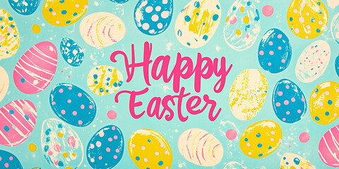 Easter-themed banner with colorful Easter eggs and the words "Happy Easter" in pink cursive script.