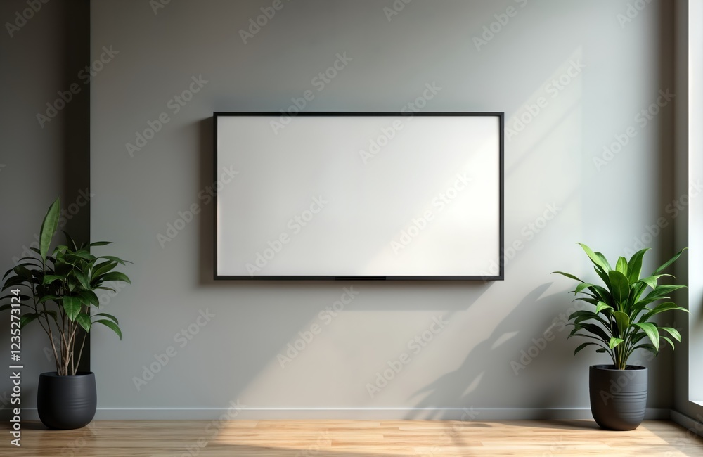 Aufkleber modern office interior with a blank screen tv mounted on the wall. empty workspace. light grey walls