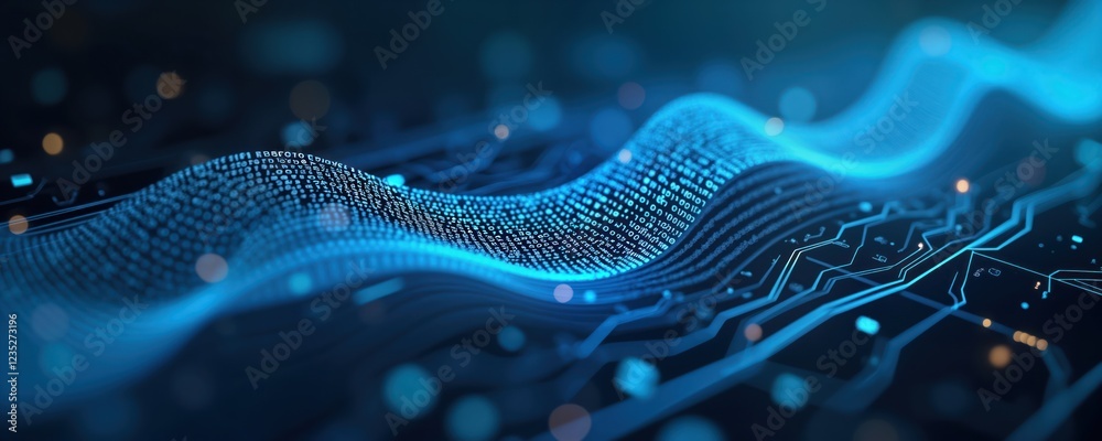 Fototapete Abstract futuristic image of blue digital data stream with binary code flowing. High-tech concept of information tech. Cybernetic pattern with circuits, data. Modern, advanced tech. Flowing digital