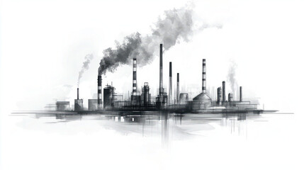 Obraz premium Industrial Factory Sketch with Chimneys and Smoke