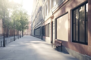 Obraz premium A serene urban street with benches and trees, showcasing modern architecture in soft light.