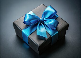 Elegant Black Gift Box with Blue Ribbon - Documentary Photography