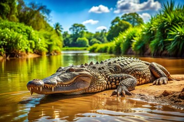Fototapeta premium Crocodile Basking on Riverbank: Wildlife Photography Stock Image