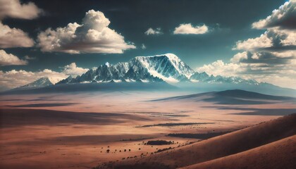 Majestic snow capped mountains dominating vast desert landscape under cloudy sky