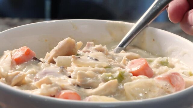 Cooking up a dinner of turkey and wild rice soup.  Ingredients include turkey, carrots, garlic, potatoes, onion, flour, cream, rice.  Hearty bowl of soup.