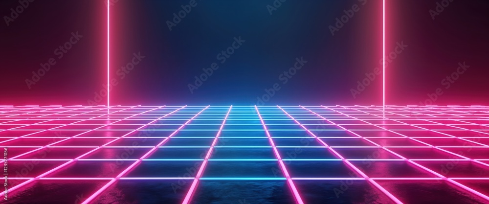 Aufkleber neon grid pattern design in vibrant pink, blue. retro 80s style with glowing lines. dark background 