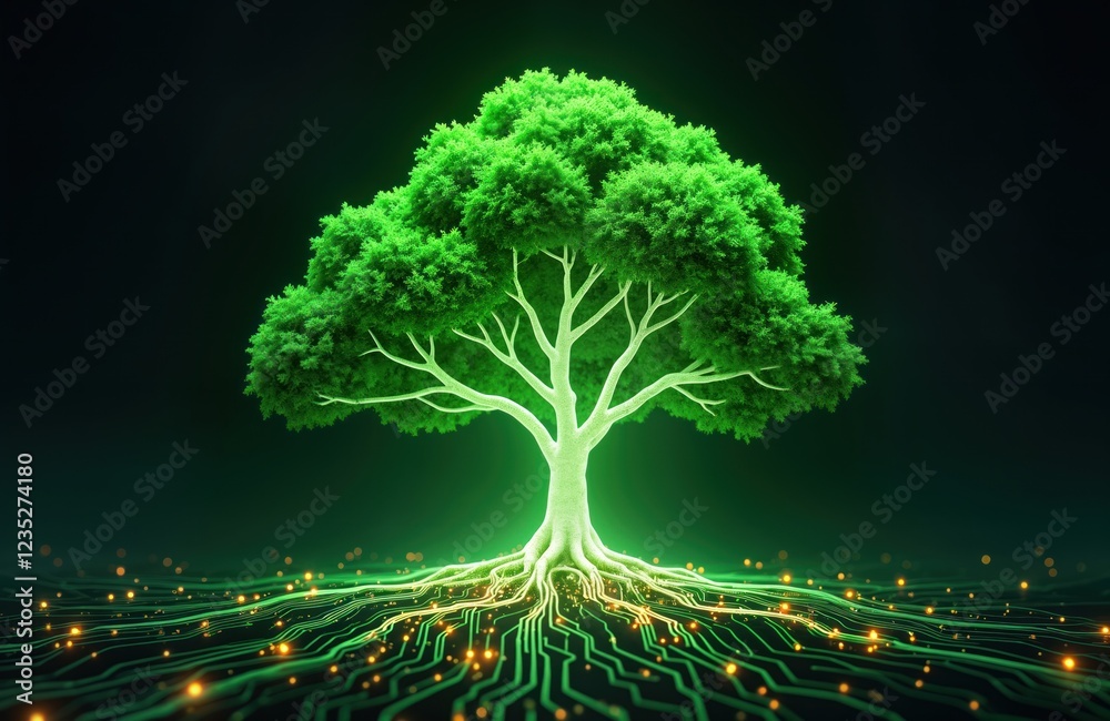 Poster eco friendly tech concept illustration shows glowing green tree with roots on circuit board. futuris