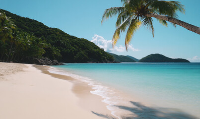 "Serene Tropical Beach with Clear Blue Water, White Sand, and a Palm Tree Hanging Over the Shore"