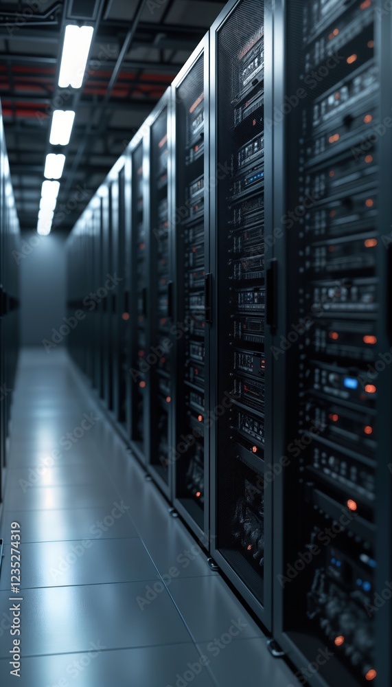 Fototapete Rows of server racks form tech hub in data center. Darkened interior advanced tech equipment. Powerful servers, network devices interconnected in secure room. Infrastructure, communication systems