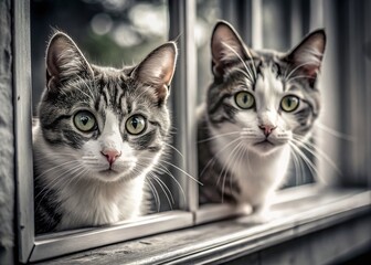 Curious Cats: Black and White Window Portrait - High Depth of Field Stock Photo