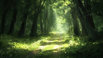 Obraz premium Sunlit Path Through A Lush Green Forest