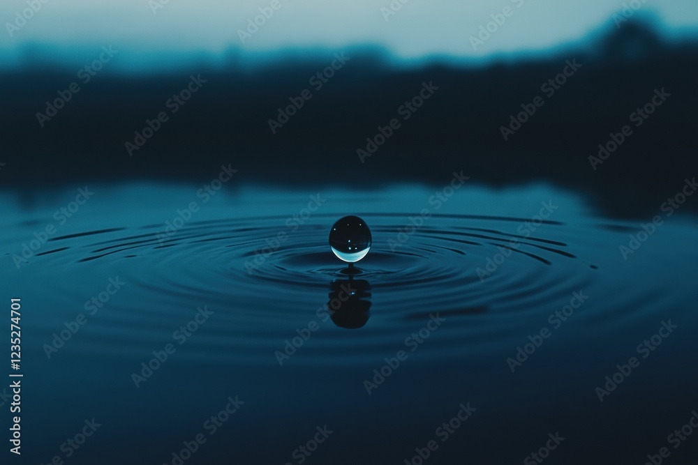 Leinwandbilder Rippling water surface with a lone droplet creating concentric circles at twilight near a serene lake. Generative AI