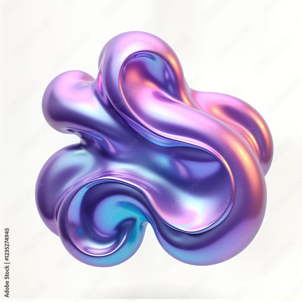 Poster Abstract 3D chrome neon fluid form. Liquid metallic shape with iridescent colors. Fluid dynamic form. Isolated on white background. Modern design. Trendy graphic element. Shiny, vibrant. Abstract