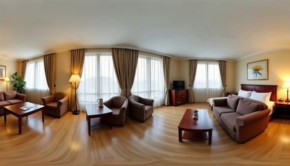 Hotel room interior 360 panorama view shows living area with sofa armchairs, TV. Modern furnishing in budget hotel apartment. Suitable for VR AR content. Good for online travel booking platforms to