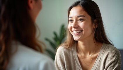 Obraz premium Young woman smiles during therapy session. Talks to psychotherapist in consultation room. Woman looks cheerful, confident. Casual attire suggests comfortable setting. Indoor setting. Focus on facial