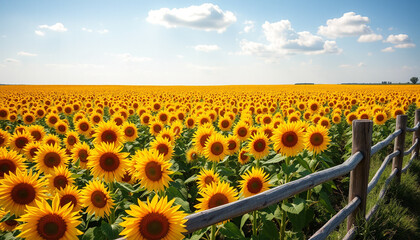 Obraz premium A vast sunflower field with golden flowers reaching out to the horizon, surrounded by wooden fences under a bright sunny sky in a rural setting.