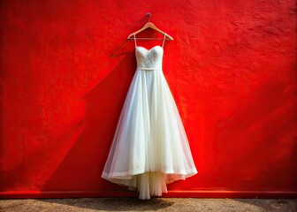 Obraz premium Elegant Wedding Dress Against Red Wall Drone Shot