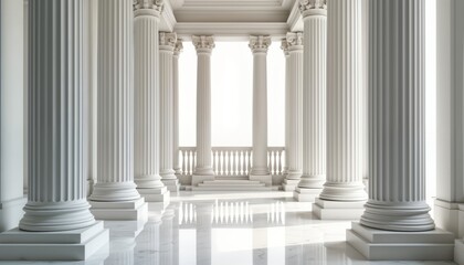 Elegant ionic columns create grand architectural colonnade. White marble pillars stand tall on pedestals. Classic design elements of historical buildings clearly visible. Ancient Greek Roman style