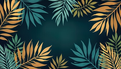 Naklejka premium Colorful pattern with various tropical leaves. Elegant design with vibrant colours. Unique leaf forms, textures. Possible usage in home decor. Great for wall art, wallpaper. Intricate leaf