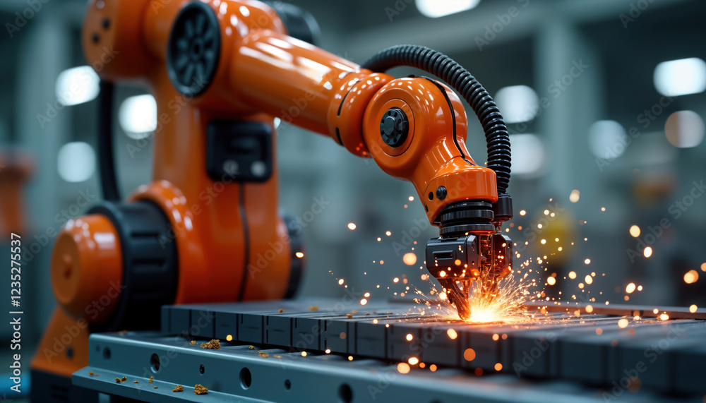 Leinwandbilder orange industrial robot arm operates automatically on conveyor belt. sparks fly as robot arm works w