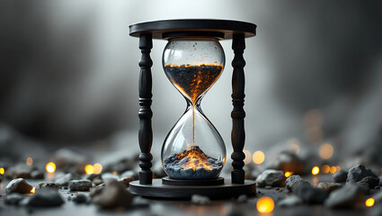 A unique  hourglass with elements of fire  soft gold light sparkling outside the hourglass 05