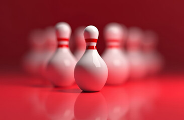 Naklejka premium Small cute bowling pin on the background of other pins in blur on red background, copy space