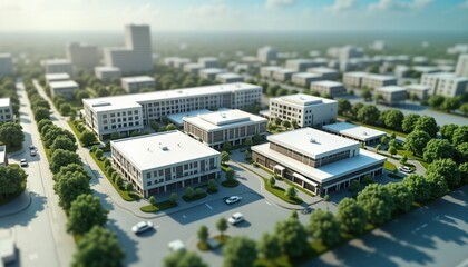 Aerial view of modern healthcare campus. Model shows hospitals research centers, patient care facilities. City landscape with buildings, trees. Model shows urban development with modern architecture.