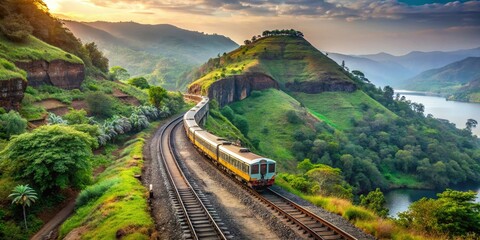 Train Through Lush Landscape: A yellow train journeys through a picturesque landscape.