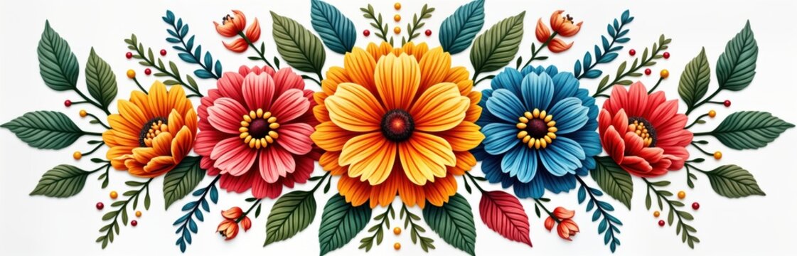 Colorful floral design with vibrant flowers, leaves. Ornate, decorative. Intricate pattern. Perfect for sticker, decor, design projects. Floral bouquet features various colors. Style suggests folk