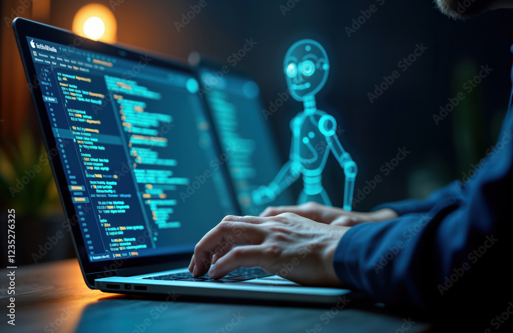 Poster person working on laptop. coding artificial intelligence chat ai robots. research for video content.