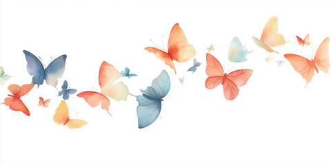 Fototapeta premium Pastel colored watercolor butterflies flying on a white background.