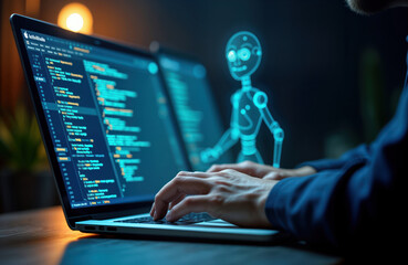 Person working on laptop. Coding artificial intelligence chat AI robots. Research for video content. Write reports, scripts. Develop communication technology. Future tech innovation. Virtual