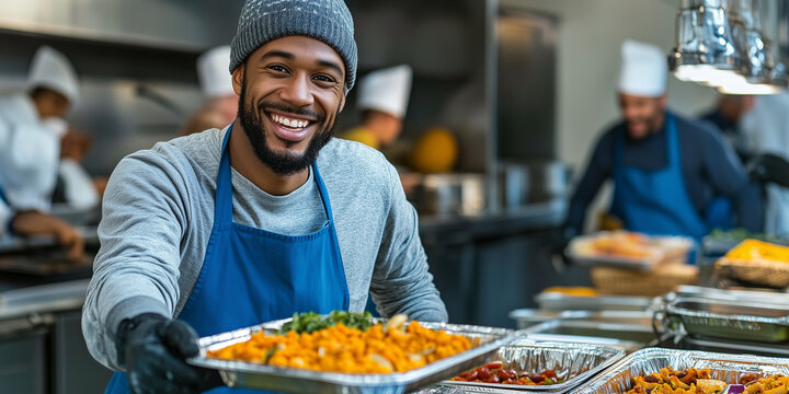 Young person serving hot food for homeless in community charity donation center. Volunteer at a soup kitchen, serving food with a warm and compassionate smile.