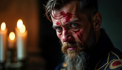 Obraz premium Close-up image of man in priest outfit. Intense expression with blood-like markings on face. Traditional priest clothes. Dramatic lighting style. Dark background. Image conveys spiritual religious