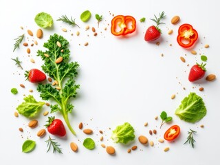 Healthy food frame with kale, strawberries, almonds, and bell peppers on white