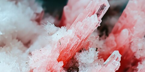A CloseUp Photograph Featuring Pink Crystals on a Bright White Mineral Background